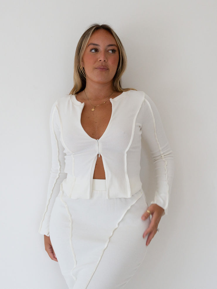 Gia Zip Cardi - Milk Ribbed